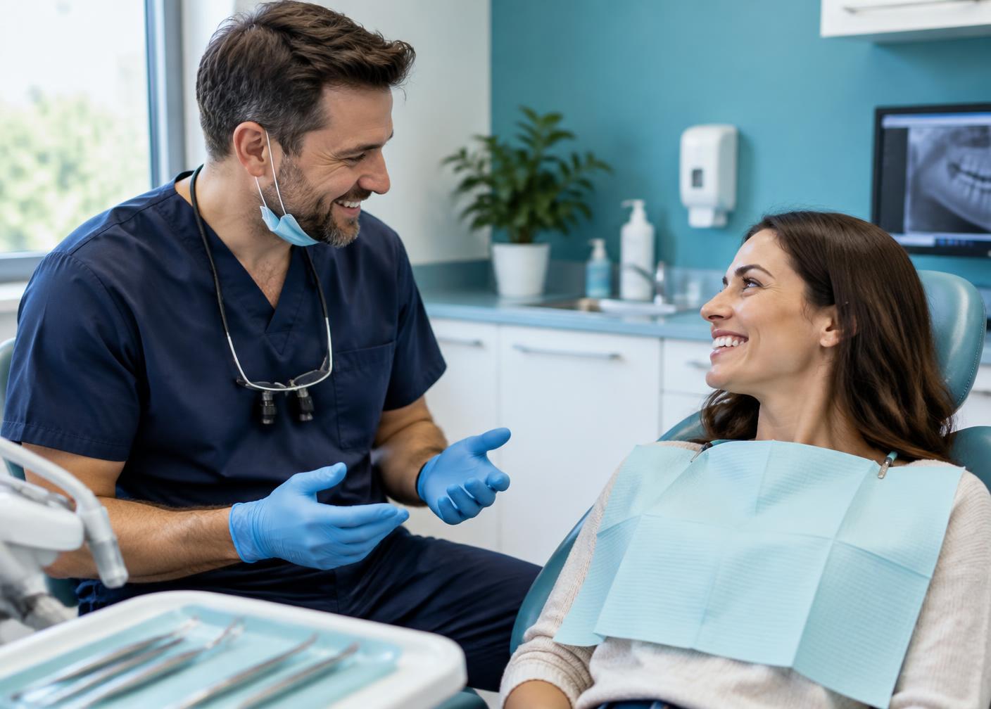Dentist talking gently with a smiling patient at Drexel Hill Family and Cosmetic Dentistry in Drexel Hill, PA